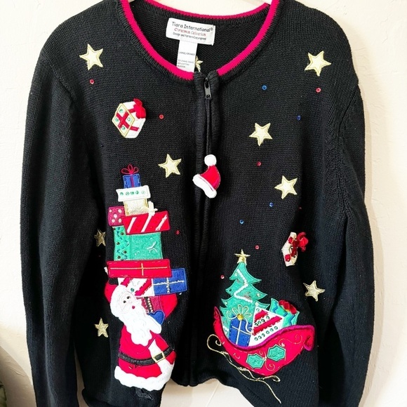 Tiara Sweaters - Vintage TIARA INTERNATIONAL Embroidered Zip Up Santa Clause Christmas Sweater LG